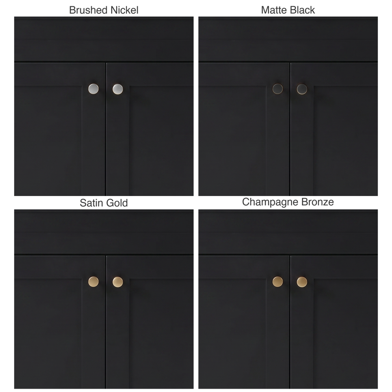 Knob finish options – Brushed Nickel, Matte Black, Satin Gold, Champagne Bronze