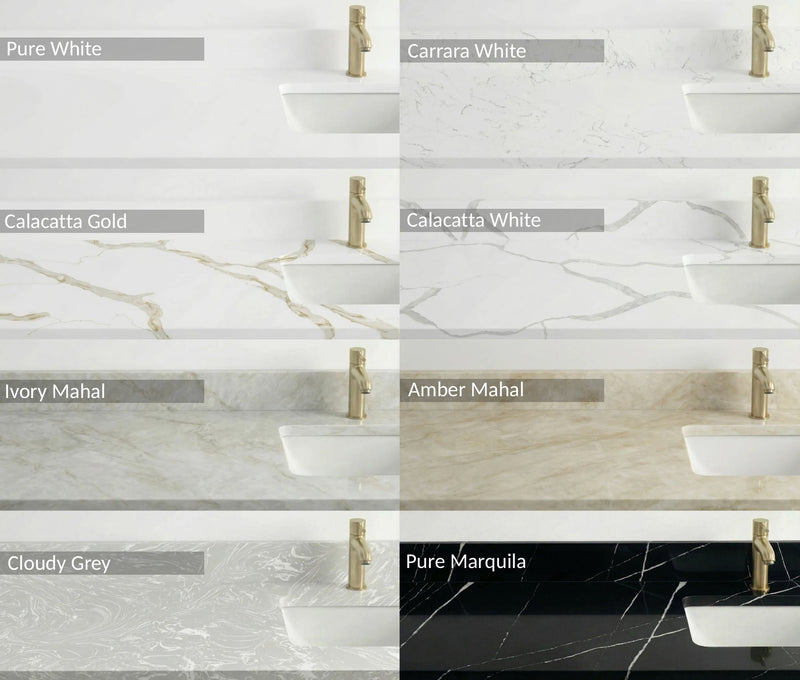 Quartz countertop options available for Oakline bathroom vanities