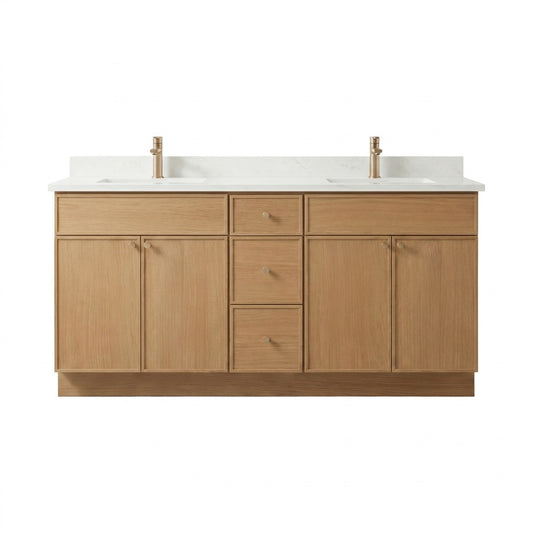 72" White Oak Slim Shaker Bathroom Vanity with Quartz Top – Double Sink