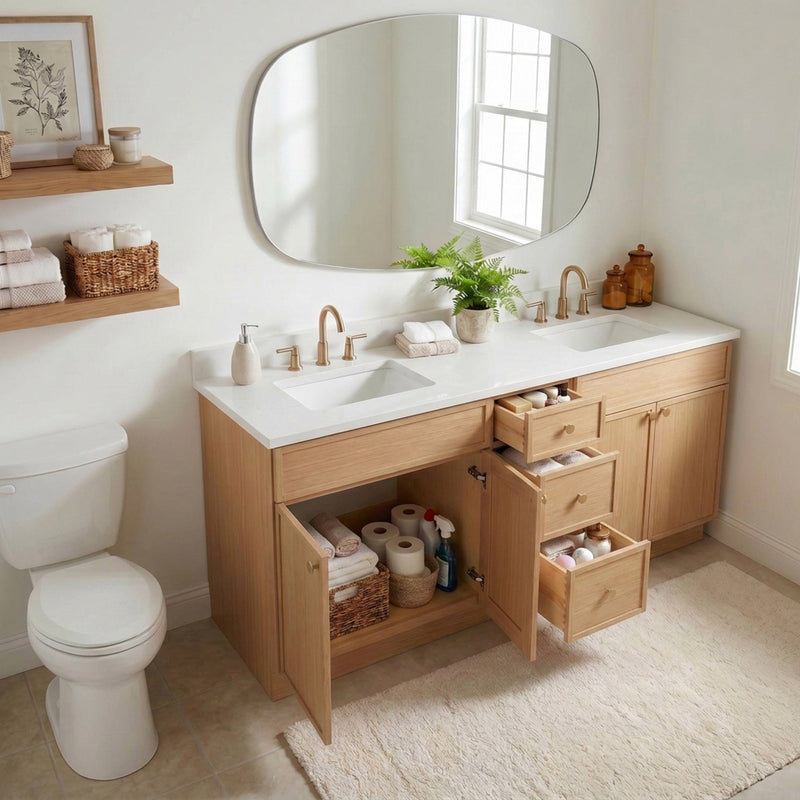 72" White Oak Slim Shaker Bathroom Vanity with Quartz Top – Double Sink