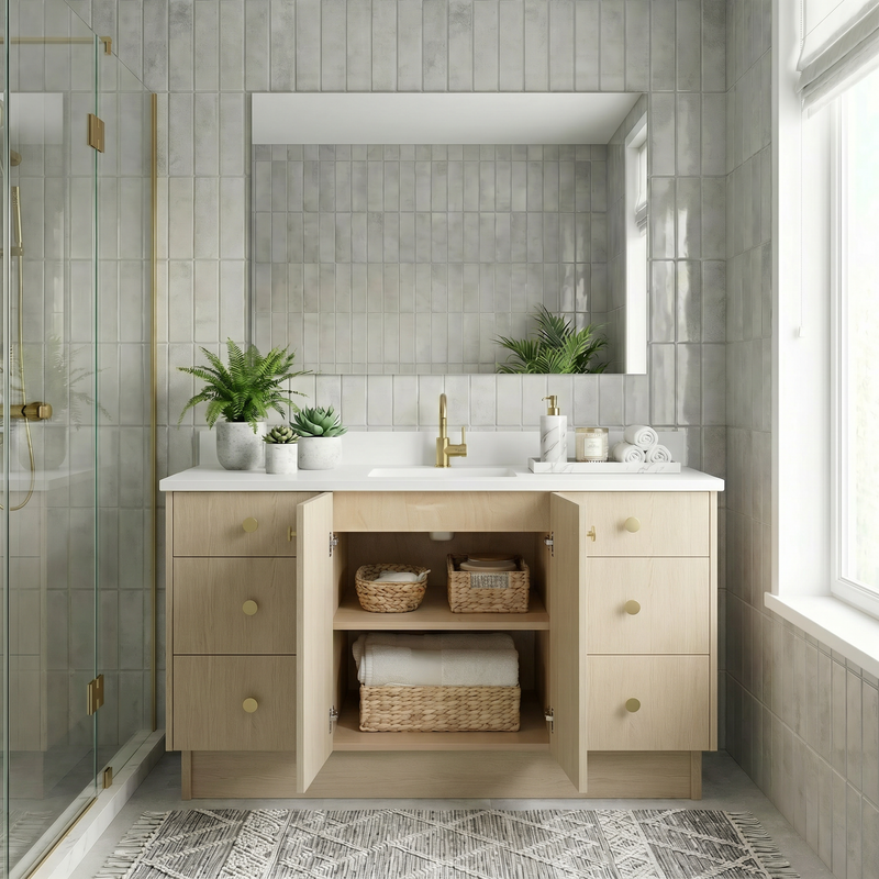 60" Desert Oak European Vanity with Quartz Top – Single Sink