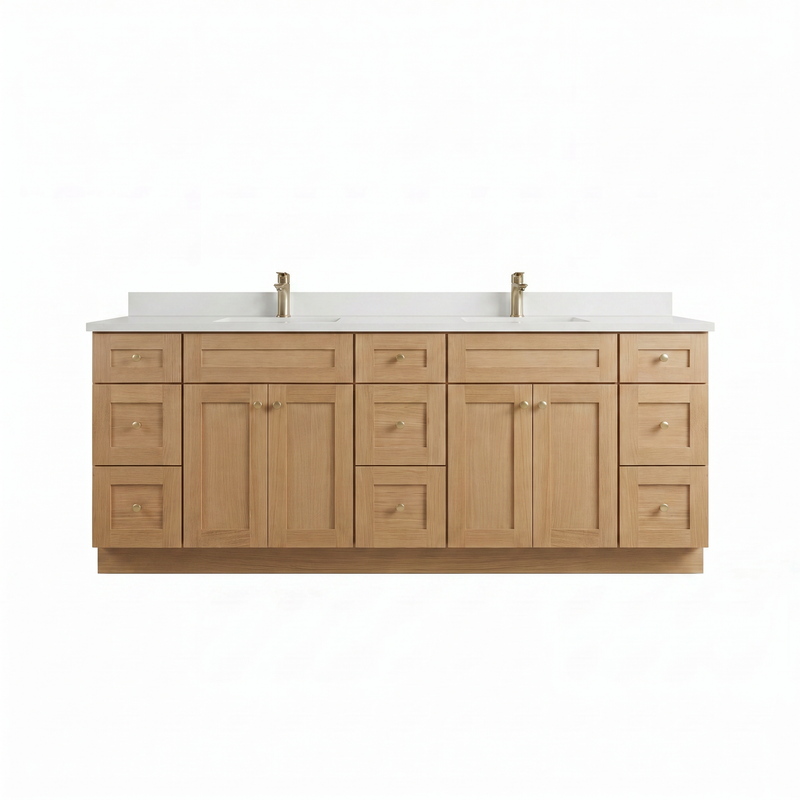 84" White Oak Shaker Vanity – Double Sink - 9 Drawers
