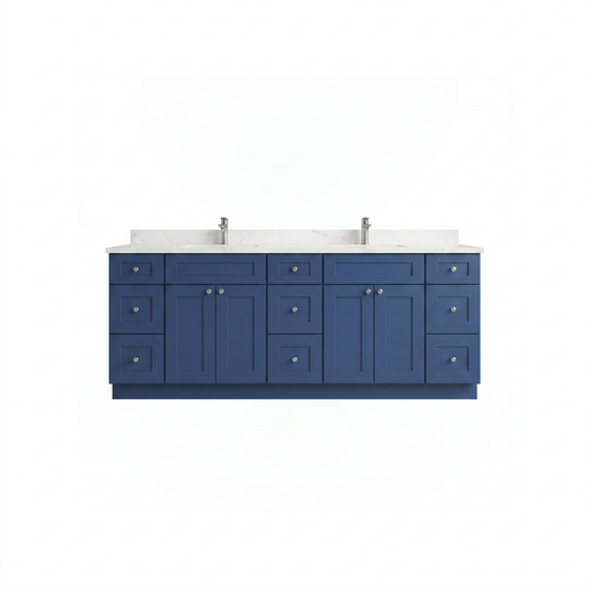 84" Navy Blue Shaker Vanity - Double Sink – 9 Drawers