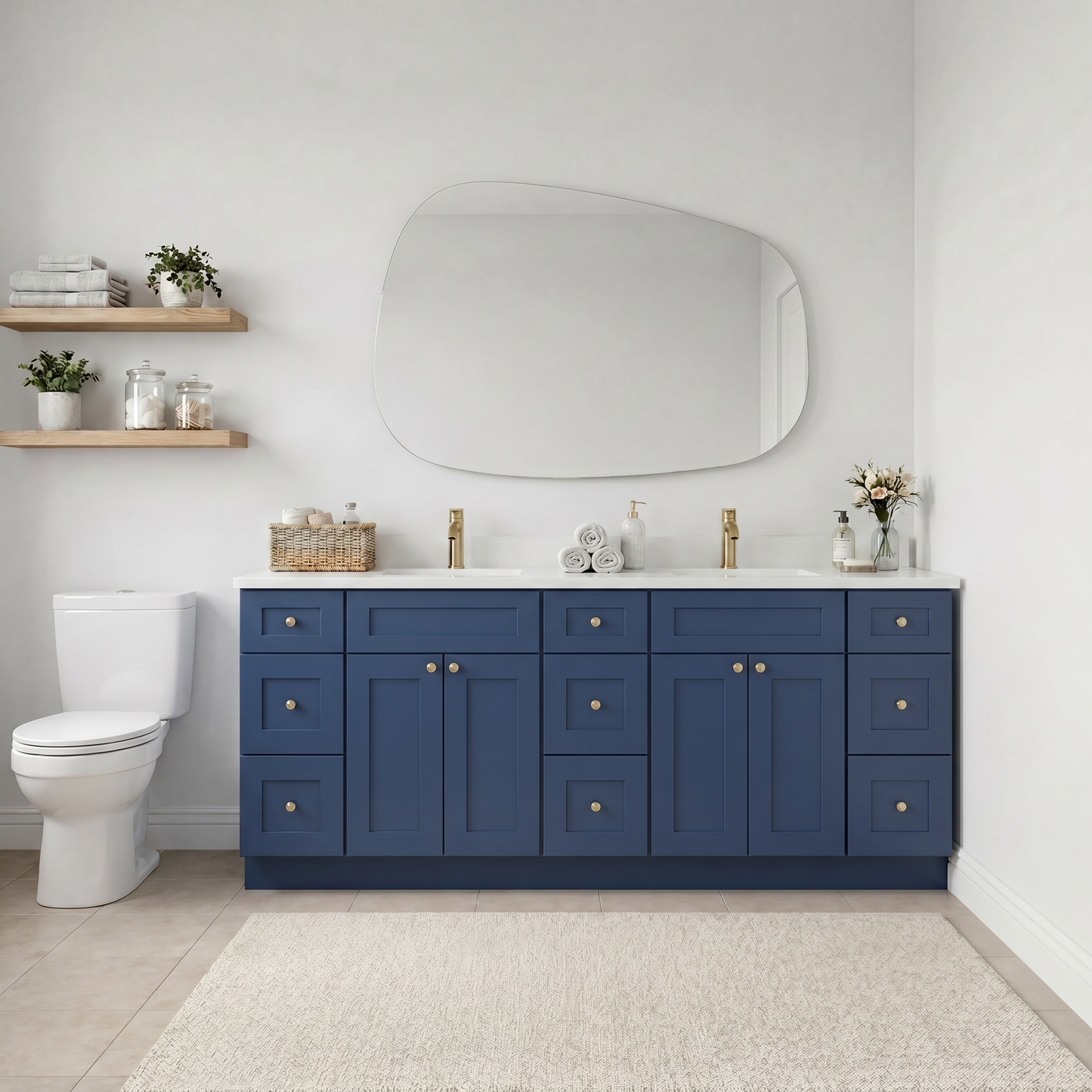 84" Navy Blue Shaker Vanity - Double Sink – 9 Drawers