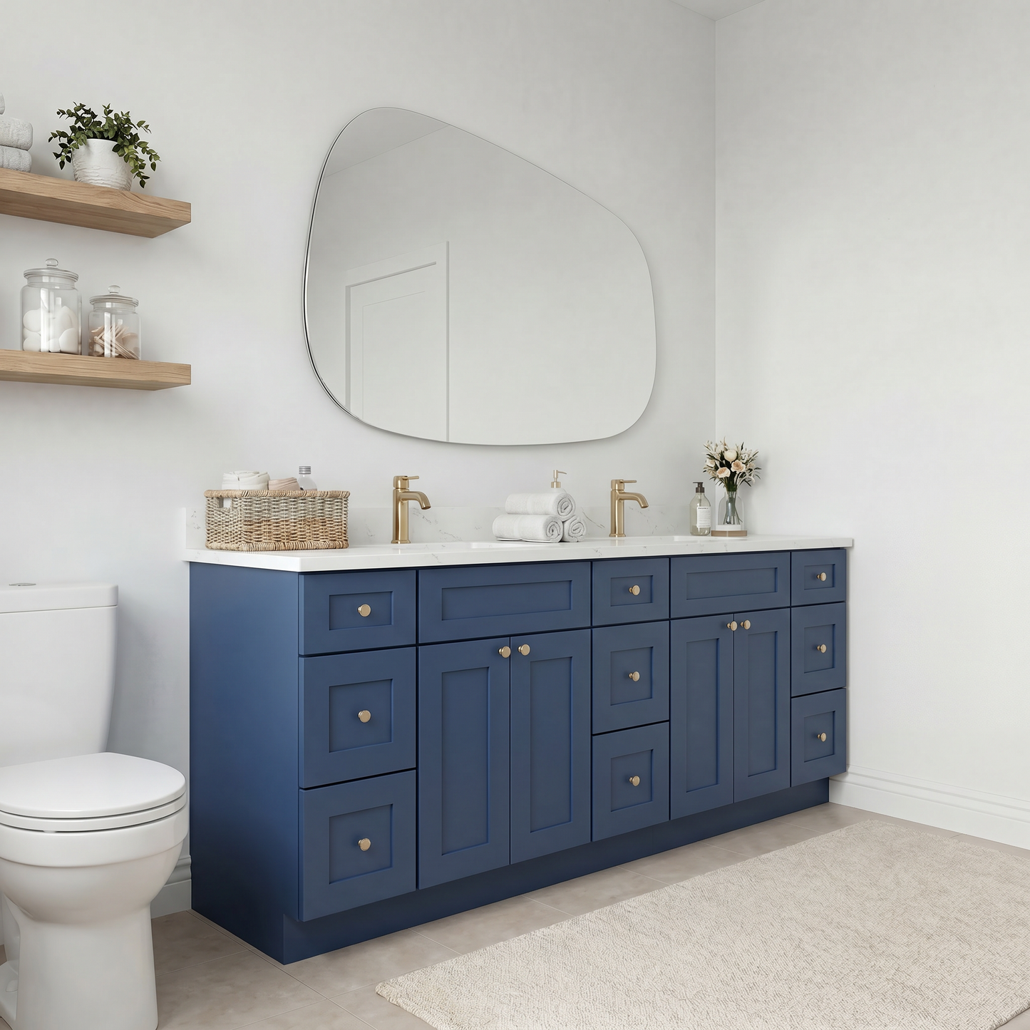 84" Navy Blue Shaker Vanity - Double Sink – 9 Drawers
