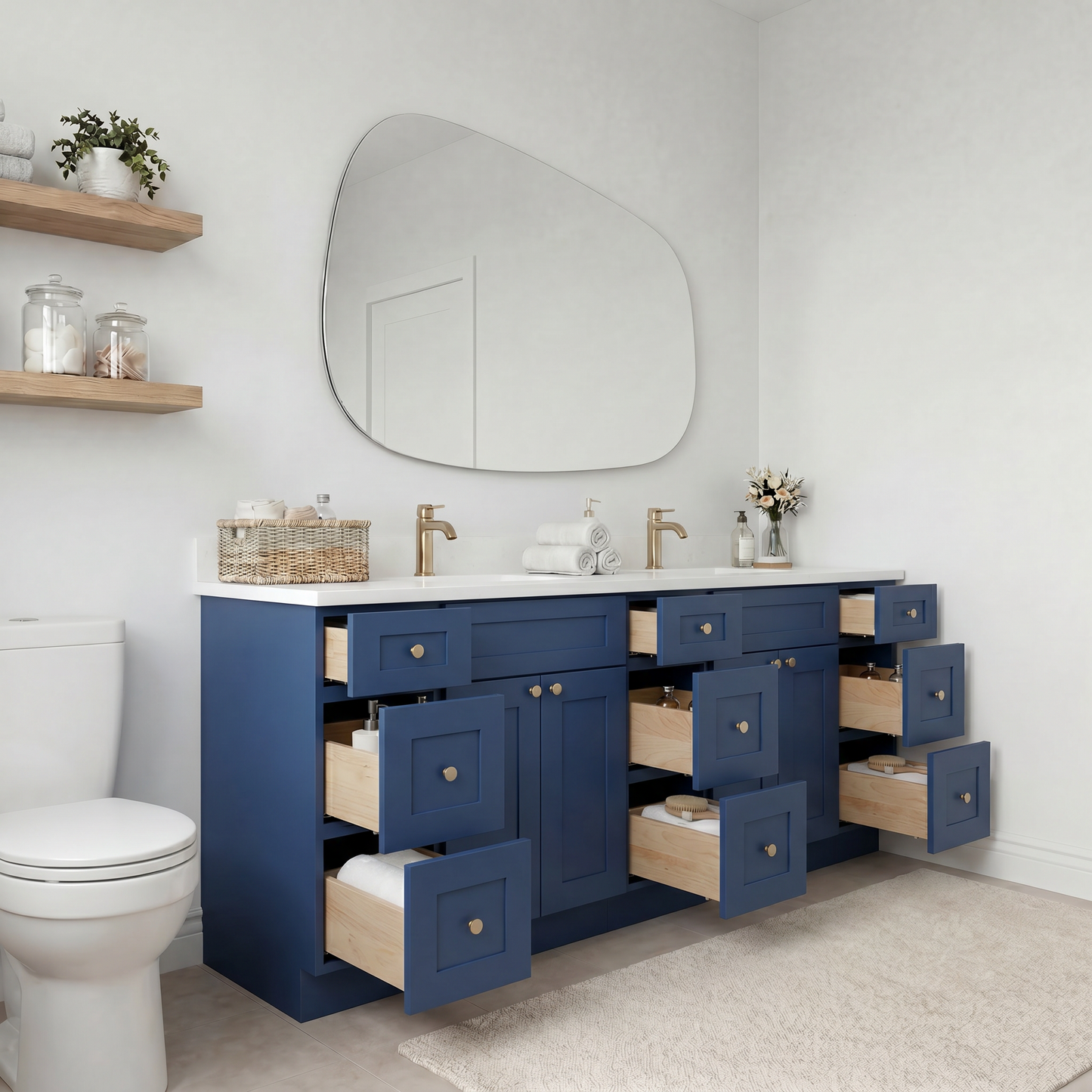 84" Navy Blue Shaker Vanity - Double Sink – 9 Drawers
