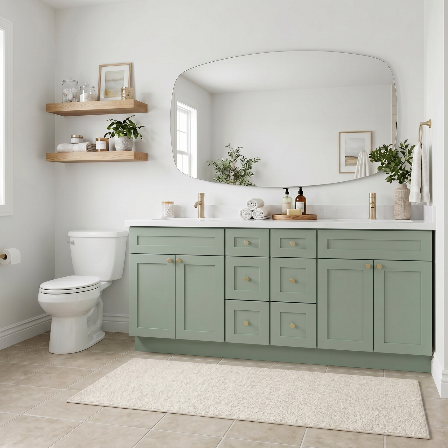 84" Olive Green Shaker Vanity – Double Sink - 6 Drawers