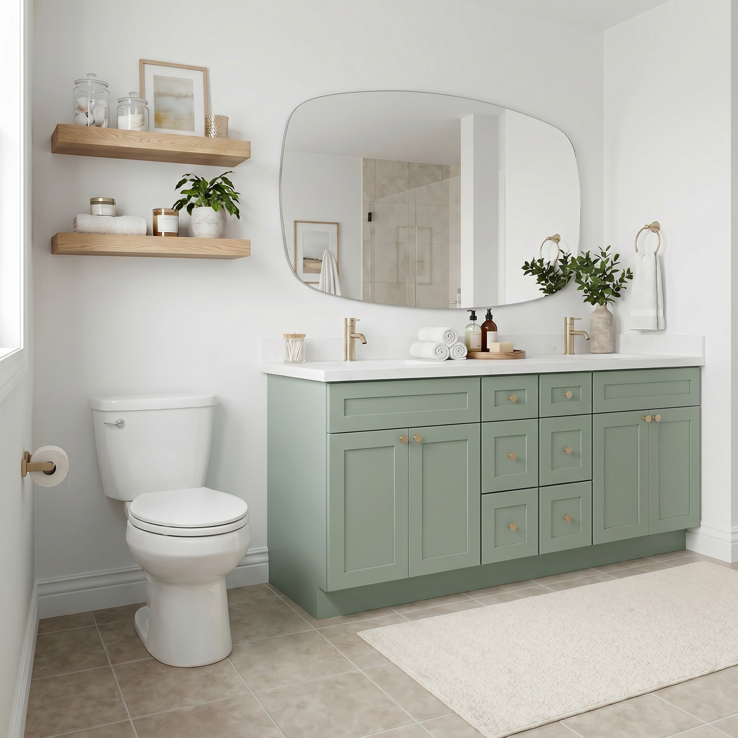 84" Olive Green Shaker Vanity – Double Sink - 6 Drawers