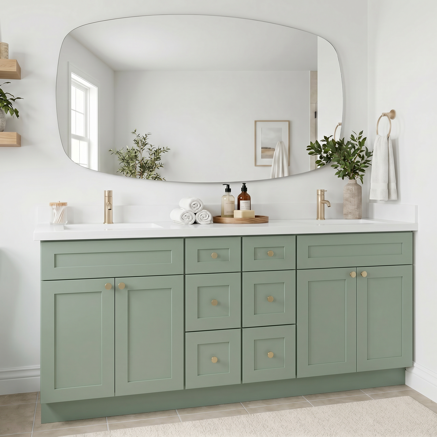 84" Olive Green Shaker Vanity – Double Sink - 6 Drawers