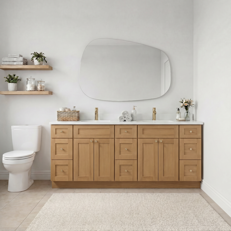 84" White Oak Shaker Vanity – Double Sink - 9 Drawers