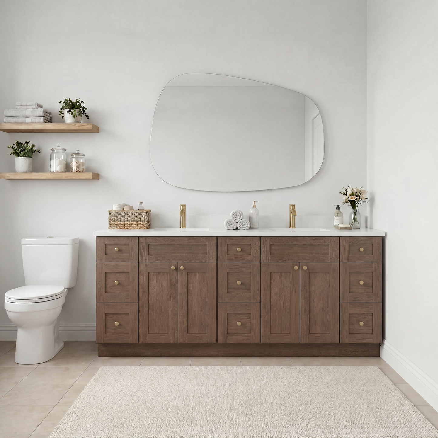 84" Coffee Bean Oak Shaker Vanity – Double Sink – 9 Drawers