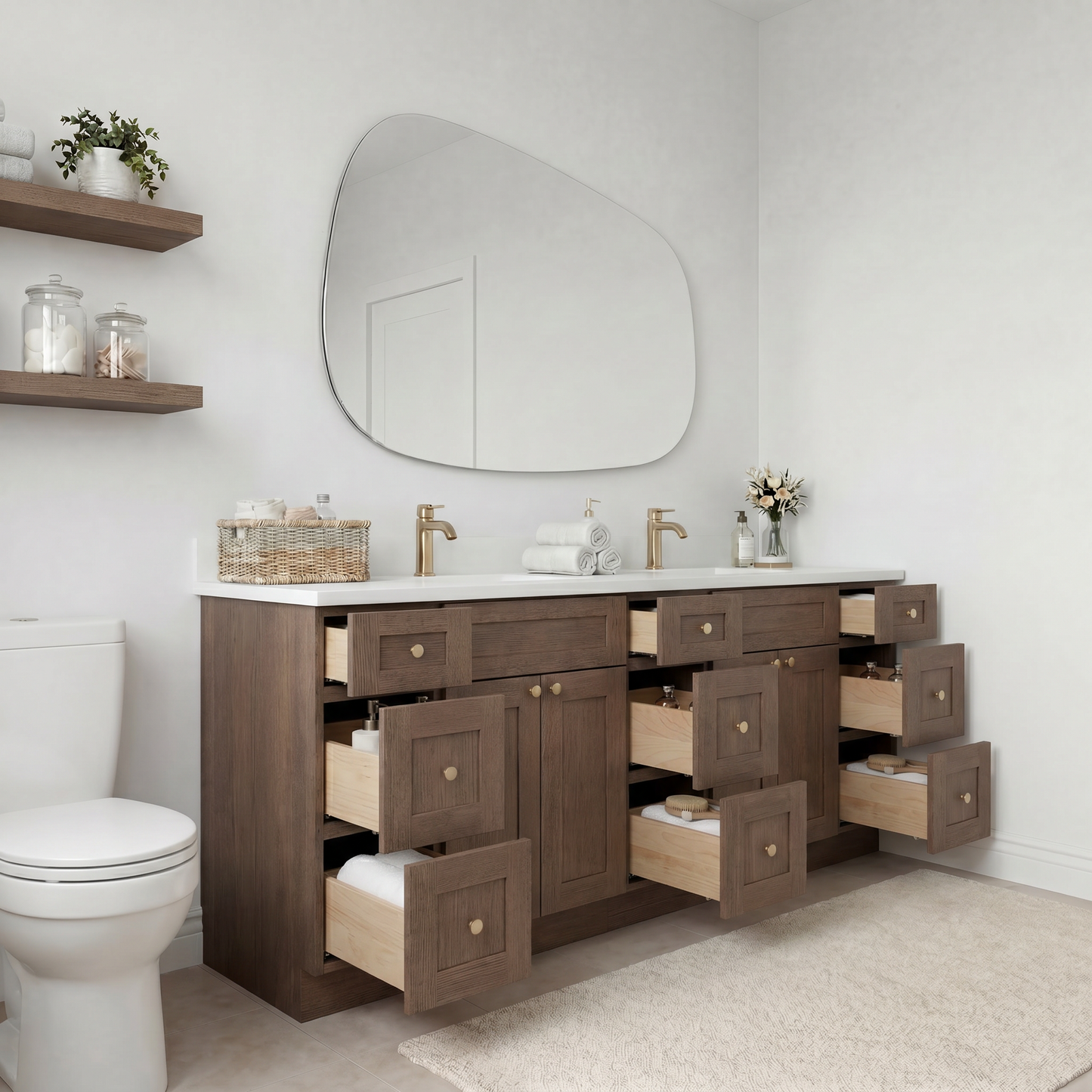 84" Coffee Bean Oak Shaker Vanity – Double Sink – 9 Drawers