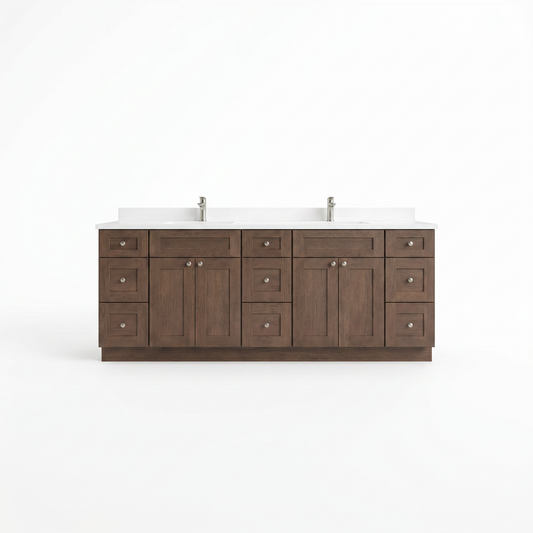 84" Coffee Bean Oak Shaker Vanity – Double Sink – 9 Drawers