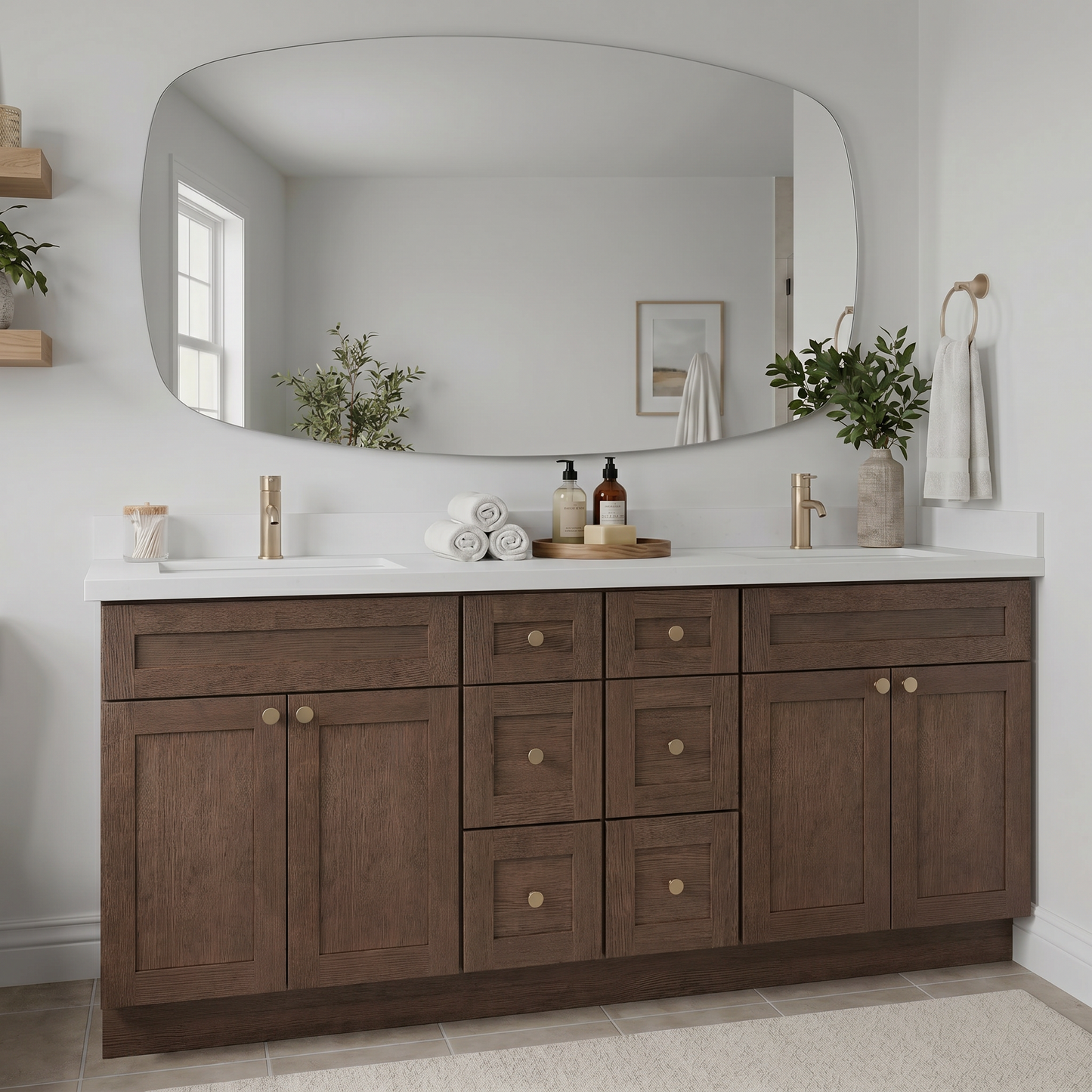 84" Coffee Bean Oak Shaker Vanity – Double Sink - 6 Drawers