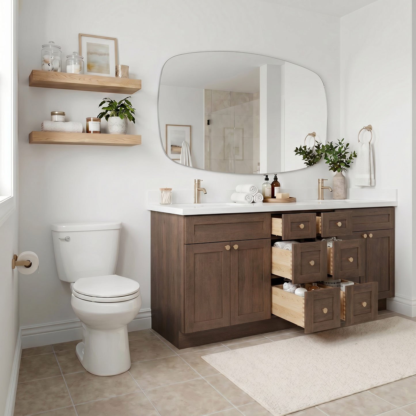 84" Coffee Bean Oak Shaker Vanity – Double Sink - 6 Drawers
