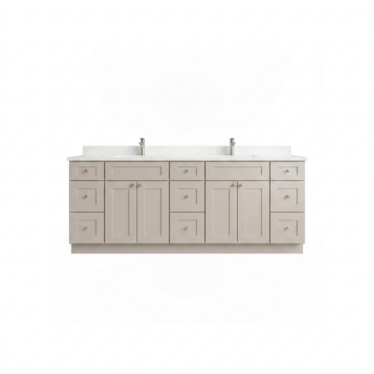 84" Shaker Bathroom Vanity – Taupe, 9 Drawers