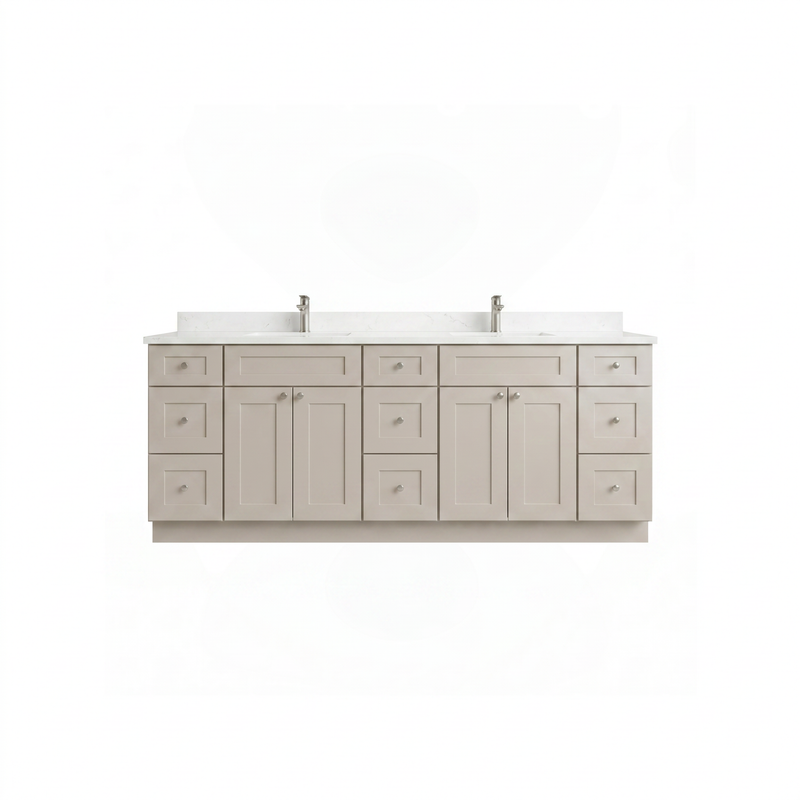 84" Shaker Bathroom Vanity – Taupe, 9 Drawers