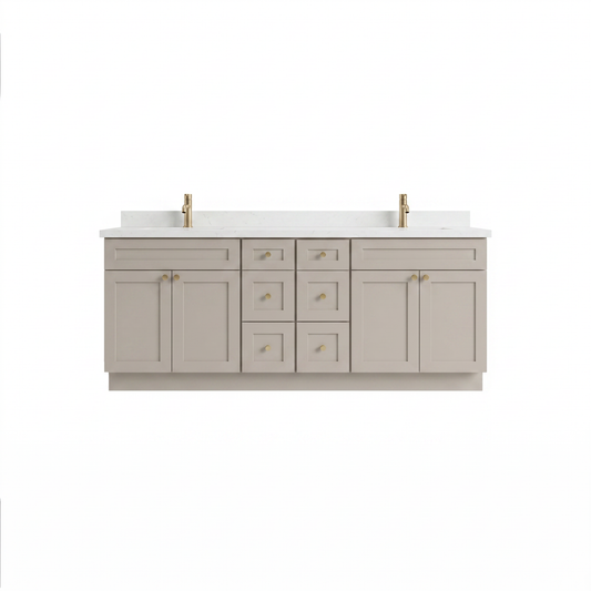 84" Shaker Bathroom Vanity – Taupe, 6 Drawers