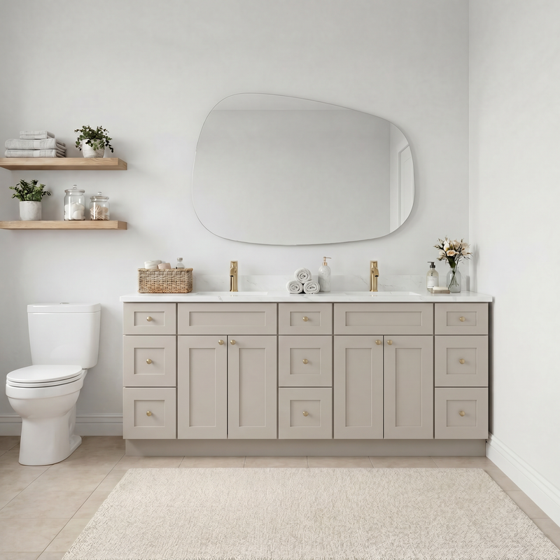 84" Shaker Bathroom Vanity – Taupe, 9 Drawers