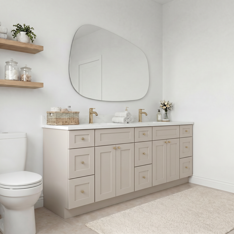 84" Shaker Bathroom Vanity – Taupe, 9 Drawers