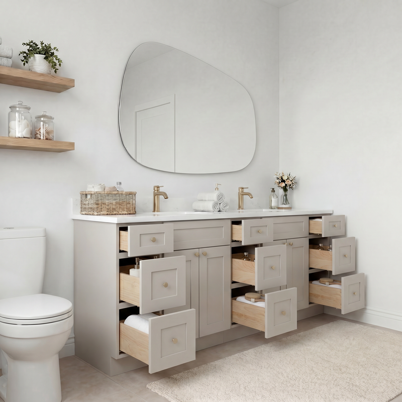 84" Shaker Bathroom Vanity – Taupe, 9 Drawers