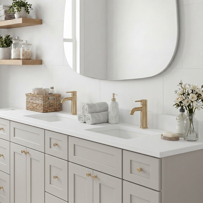 84" Shaker Bathroom Vanity – Taupe, 9 Drawers