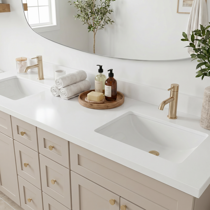 84" Shaker Bathroom Vanity – Taupe, 6 Drawers