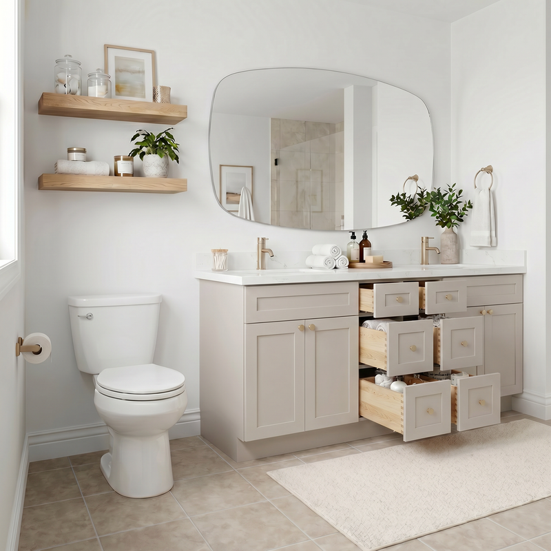 84" Shaker Bathroom Vanity – Taupe, 6 Drawers