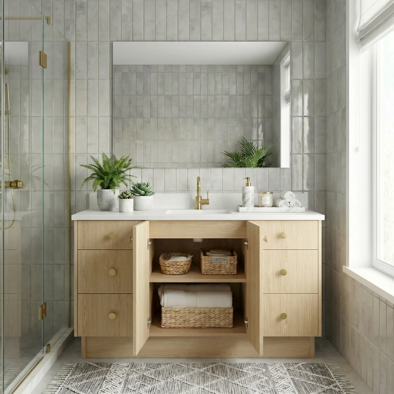 60" Ivory Oak European Vanity with Quartz Top – Single Sink