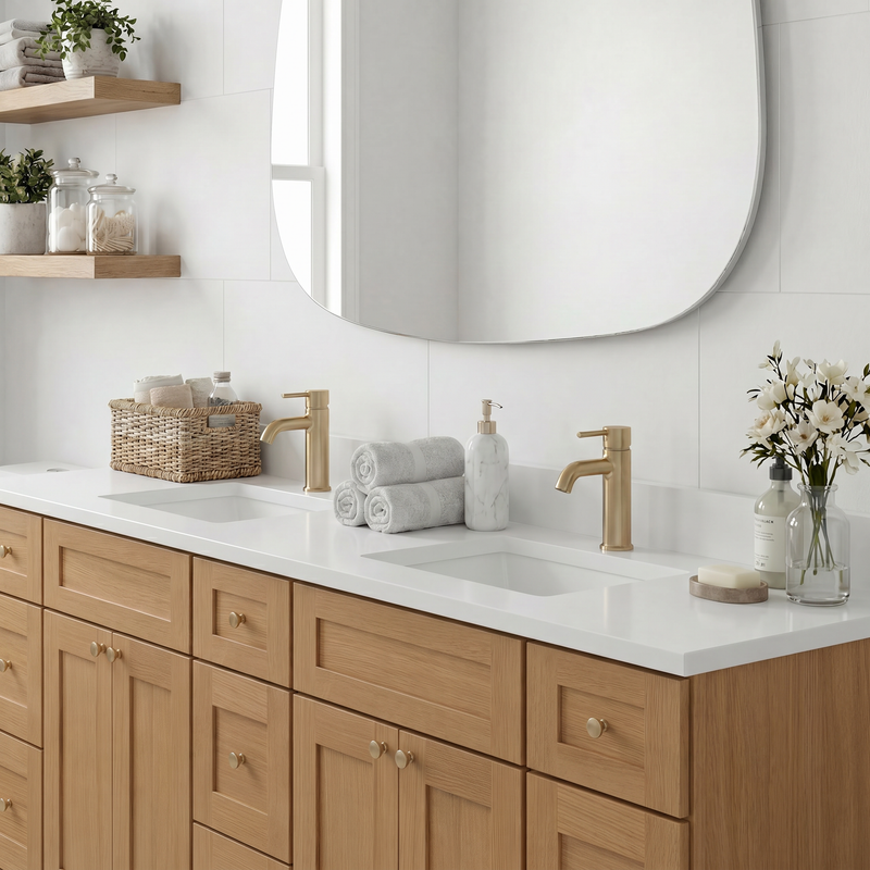 84" White Oak Shaker Vanity – Double Sink - 9 Drawers