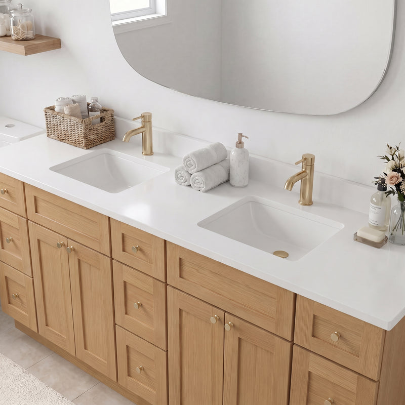 84" White Oak Shaker Vanity – Double Sink - 9 Drawers
