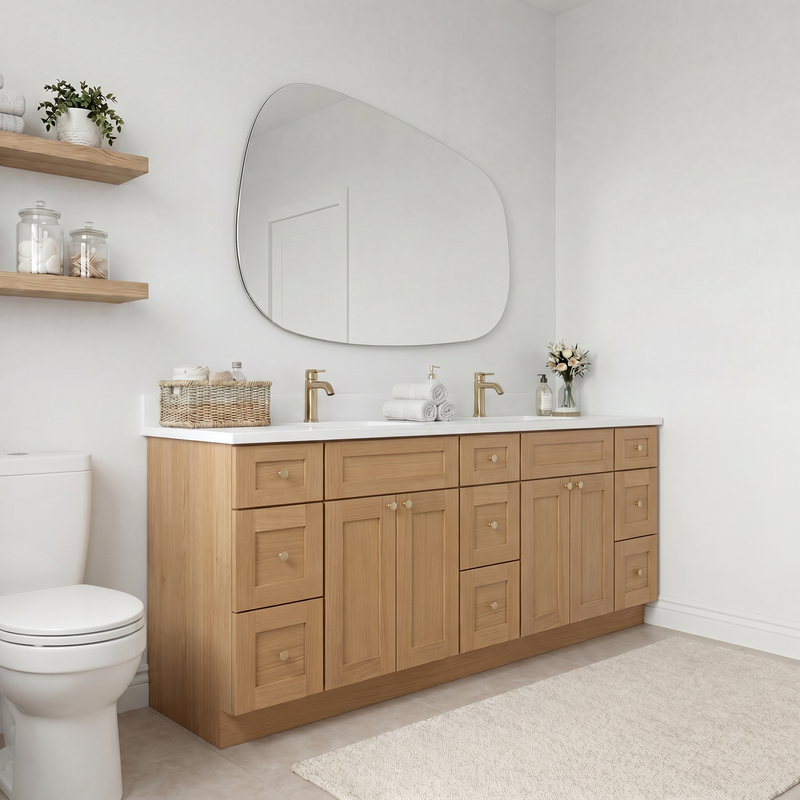 84" White Oak Shaker Vanity – Double Sink - 9 Drawers