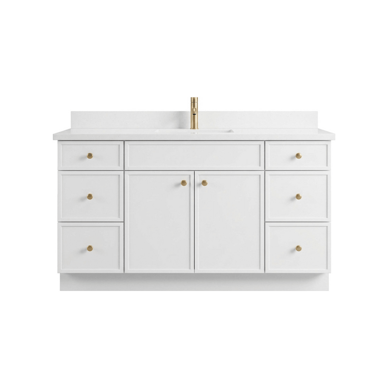 60" White Slim Shaker Bathroom Vanity with Quartz Top – Single Sink