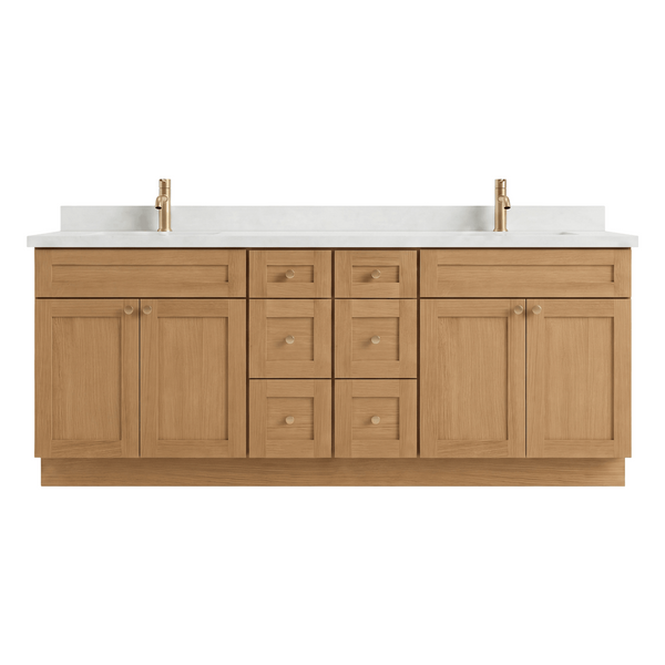 84" White Oak Shaker Bathroom Vanity with Quartz Top – Double Sink