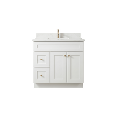 36" White Shaker Bathroom Vanity with Quartz Top – Single Sink