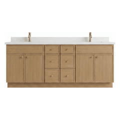 84" White Oak Slim Shaker Bathroom Vanity with Quartz Top – 6 Drawers