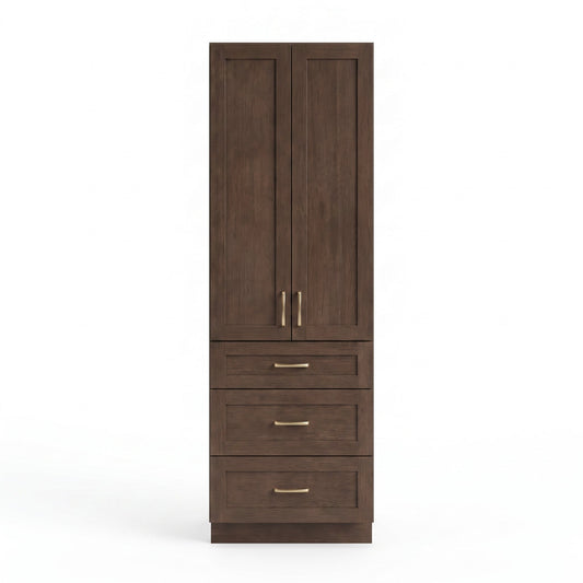 Coffee Bean Oak linen tower cabinet — front view