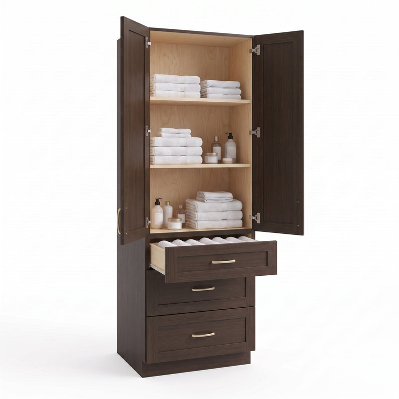 Coffee Bean Oak linen tower — doors and drawer open