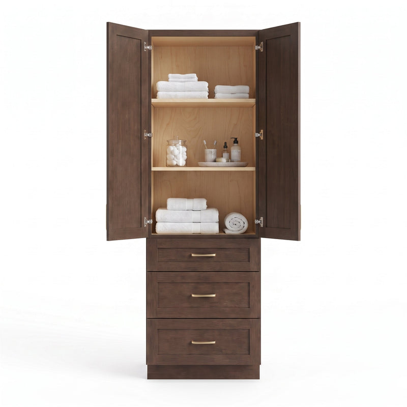 Coffee Bean Oak linen tower with open doors — birch interior
