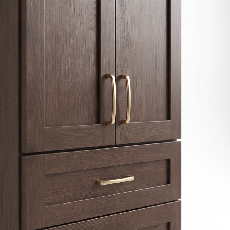 Coffee Bean Oak shaker doors with satin gold pulls — close-up