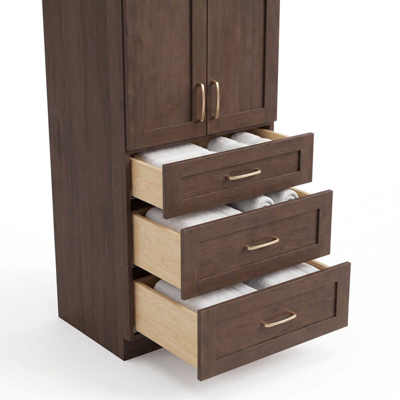 Coffee Bean Oak linen tower — dovetail drawers open