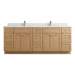 84" White Oak Shaker Bathroom Vanity with Quartz Top – Double Sink
