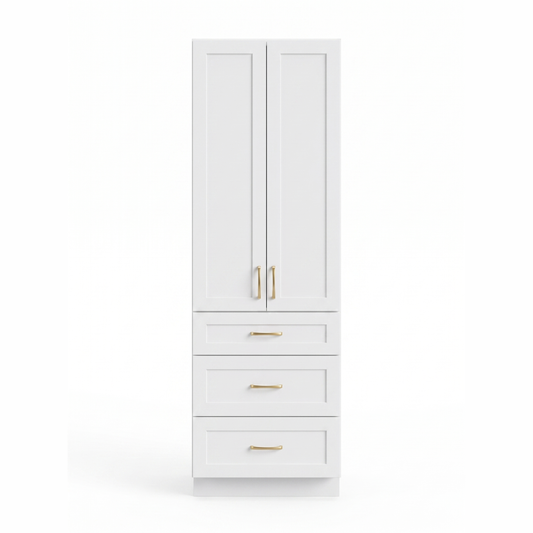 White shaker linen tower cabinet with satin gold pulls — front view