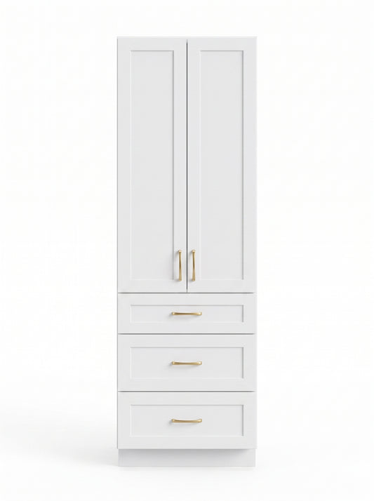 White shaker linen tower cabinet with satin gold pulls — front view