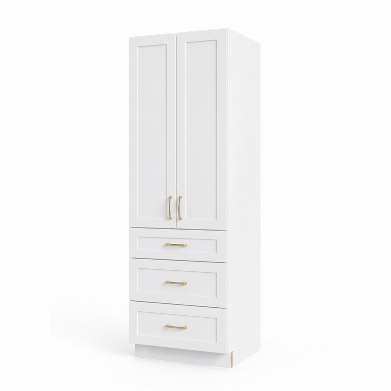 White shaker linen tower cabinet — right angle view