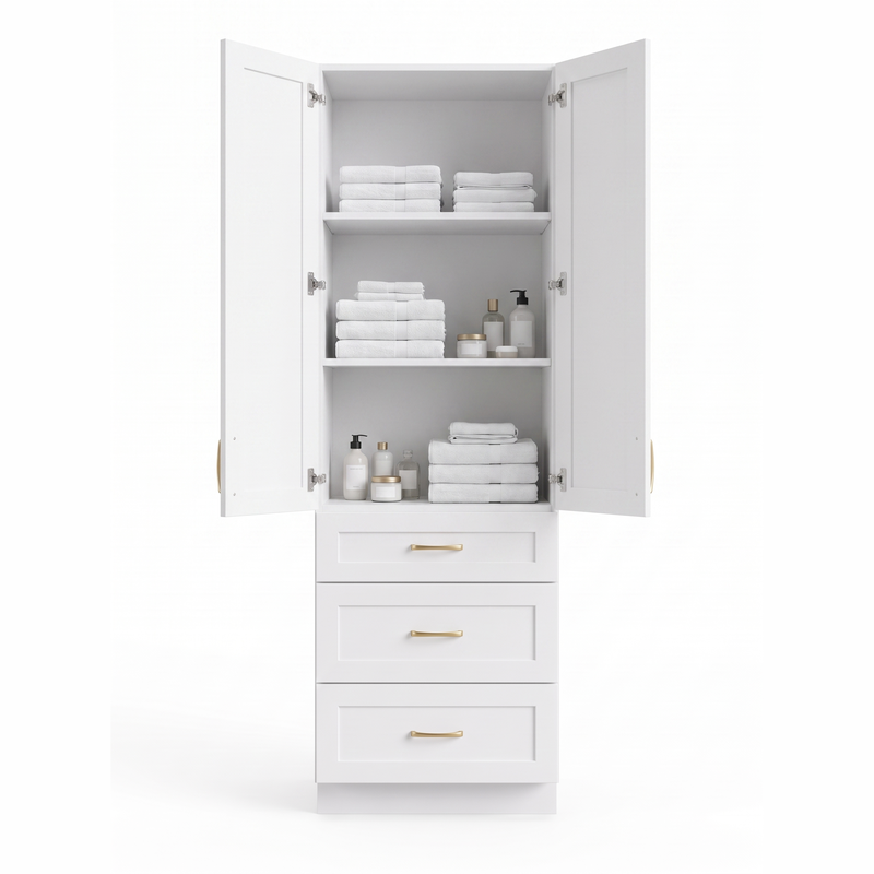 White shaker linen tower with open doors showing 3 adjustable shelves