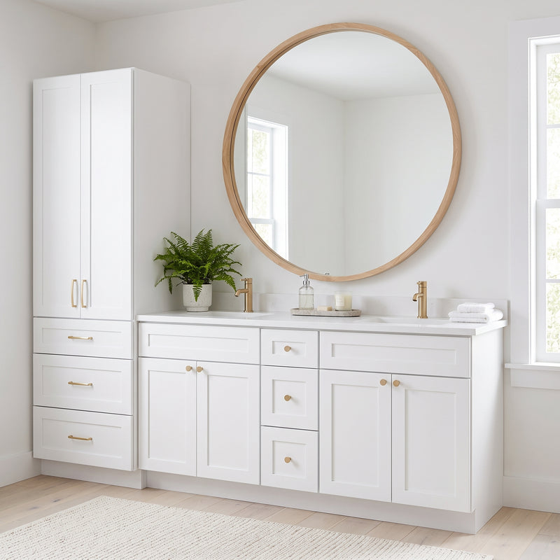 White shaker linen tower next to matching double-sink vanity in bathroom