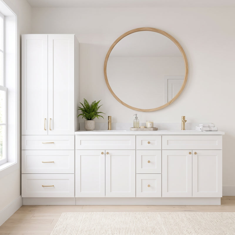 White shaker linen tower and double vanity with round oak mirror — front view