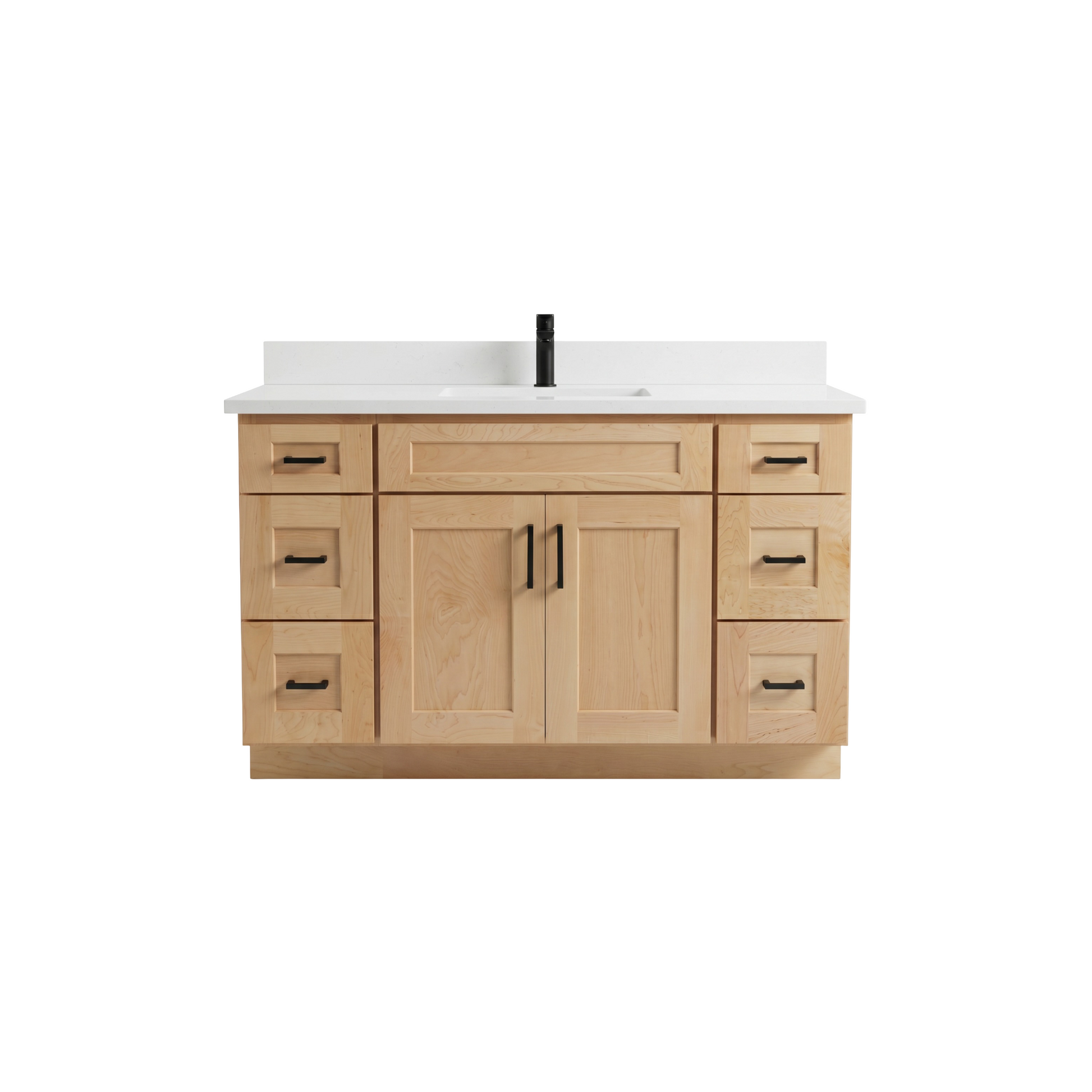 48 inch maple shaker bathroom vanity with white quartz top and black hardware