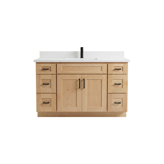 48 inch maple shaker bathroom vanity with white quartz top and black hardware